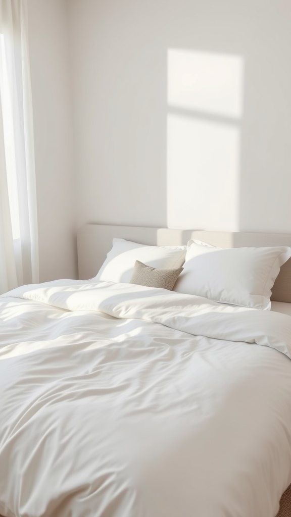 A minimalist bedroom featuring a neatly made bed with white bedding and a cozy throw pillow.