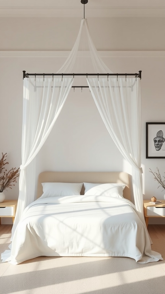 A minimalist bedroom with a simple canopy design over a bed, featuring soft colors and natural light.