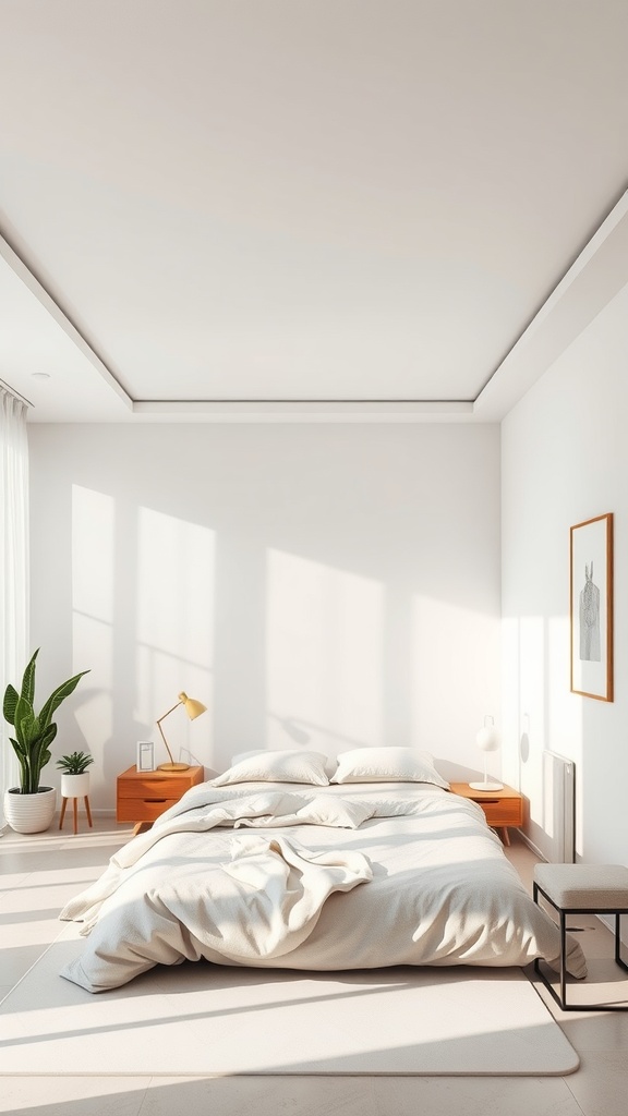 A minimalist bedroom with simple ceiling design, featuring soft bedding and natural light.