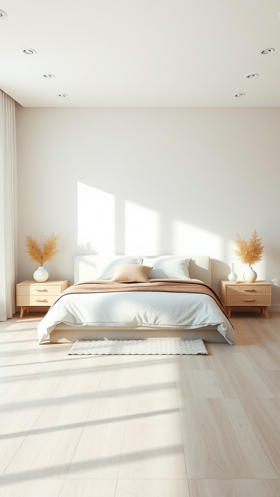 A minimalist bedroom featuring light wooden flooring, a bed with neutral bedding, and simple decor.