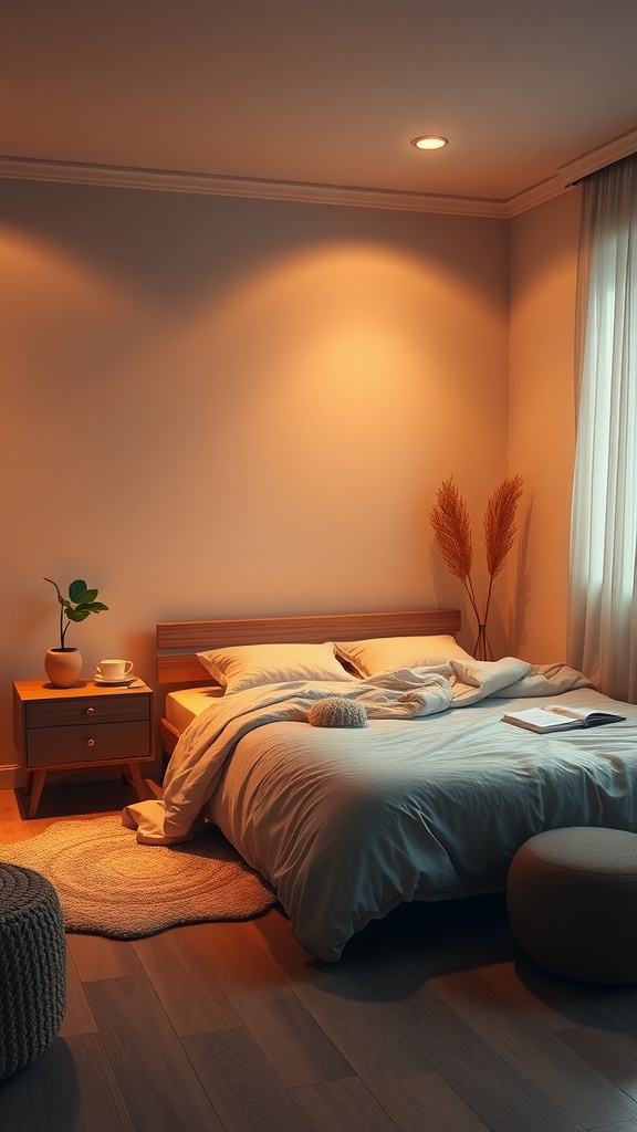 A cozy bedroom with soft ambient lighting, featuring a neatly made bed, a bedside table with a plant and a cup, and warm tones creating a serene atmosphere.