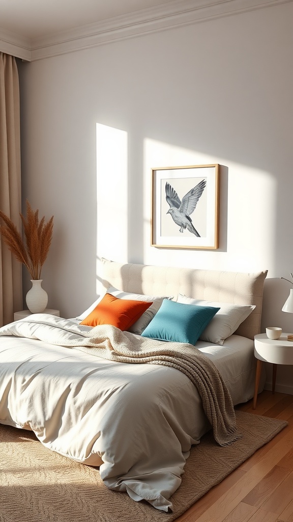 Minimalist bedroom featuring light bedding, colorful accent pillows, and natural decor.