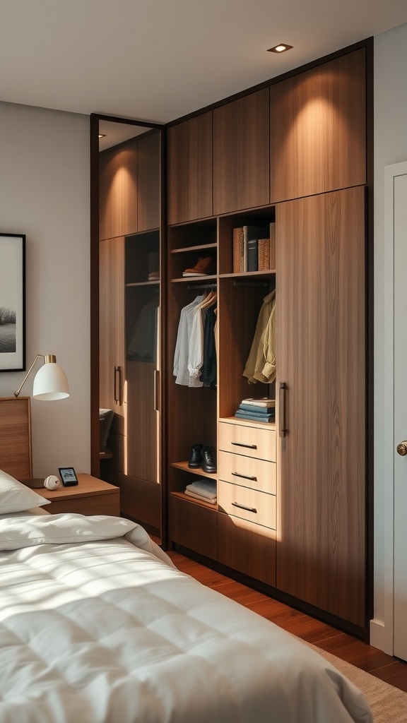 A minimalist closet design in a bedroom, featuring wooden cabinetry with open and closed storage.