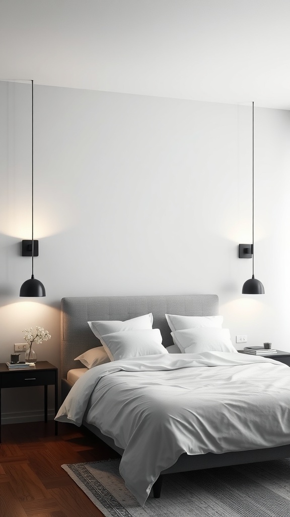 Minimalist bedroom with stylish pendant lighting and a cozy bed.