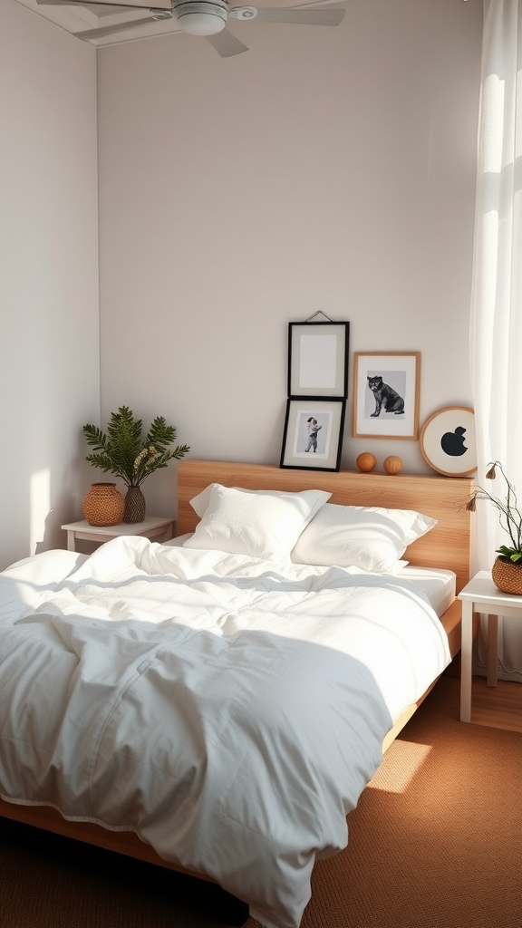 A minimalist bedroom featuring a cozy bed, framed pictures on the wall, a small plant, and wooden furniture.