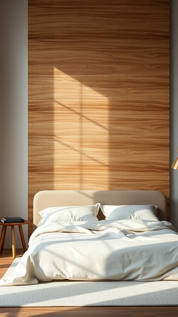 A minimalist bedroom featuring a warm wood accent wall, a cozy bed with soft pillows, and natural light.