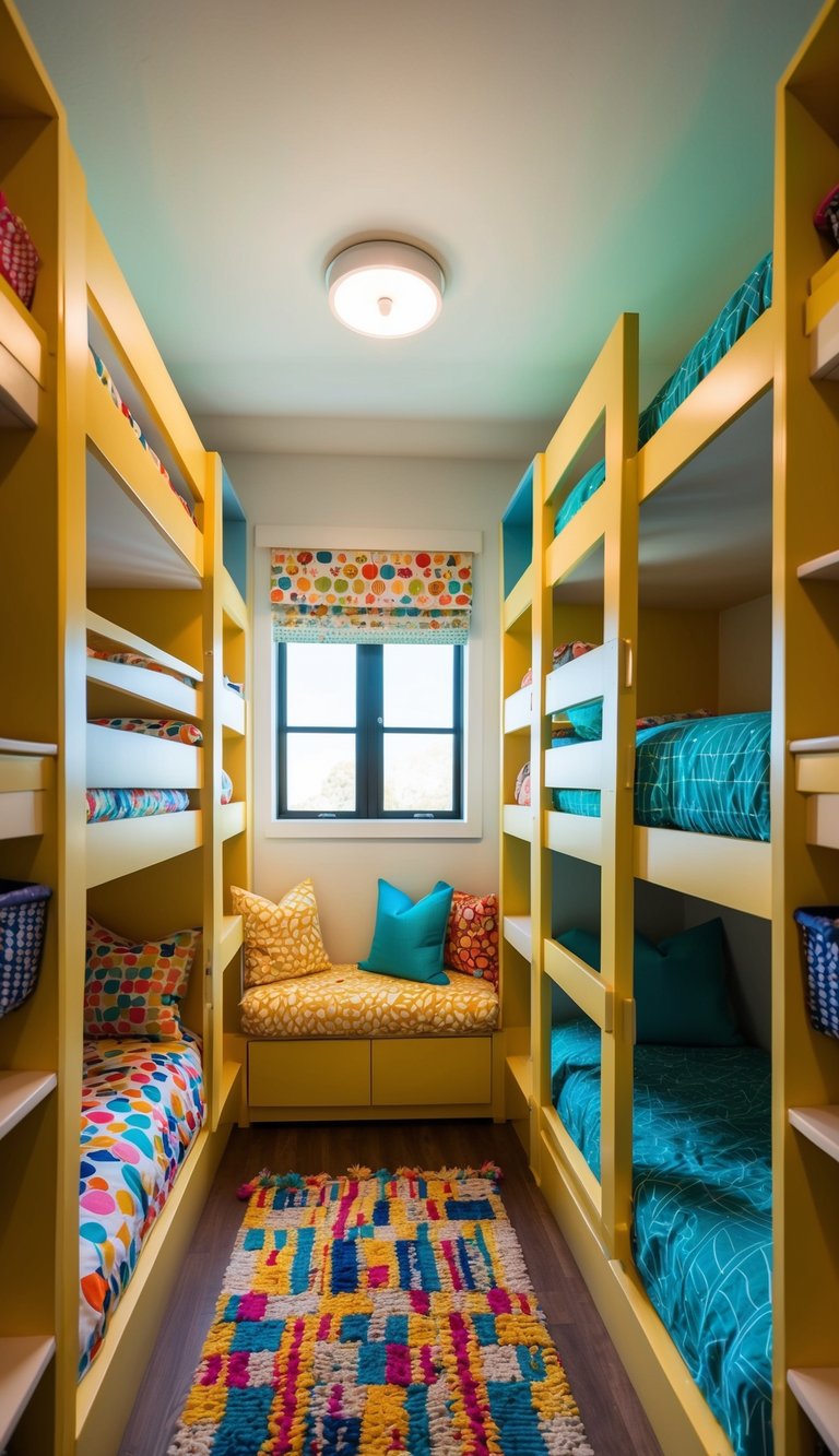 A cozy bunk room with built-in beds, colorful bedding, and personalized storage for each bunk. Bright lighting and playful decor create a fun and inviting space