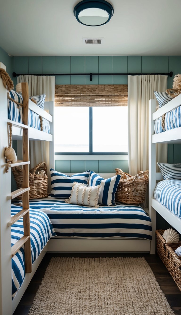 A bunk room with coastal decor, featuring nautical-inspired bedding, driftwood accents, and seashell decorations