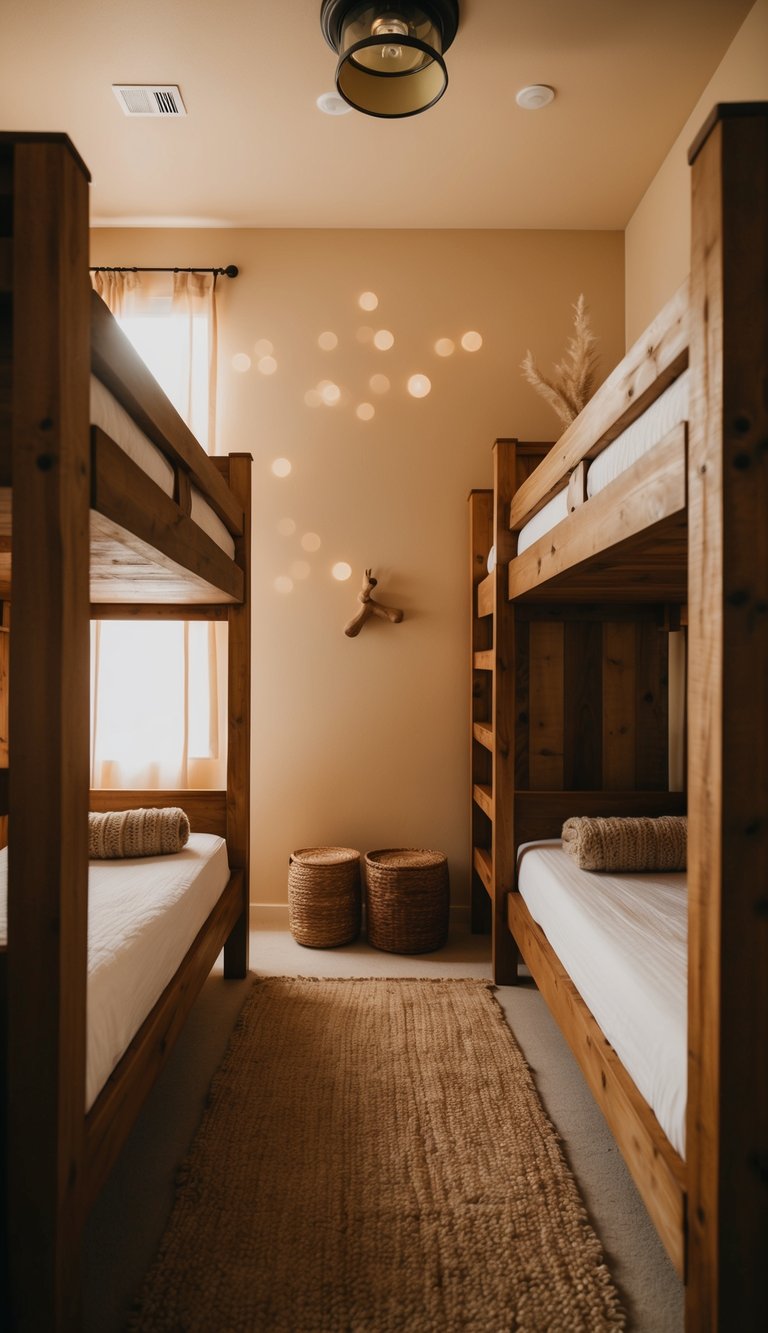 Rustic wooden bunks arranged in a spacious and cozy bunk room, with warm lighting and simple, natural decor