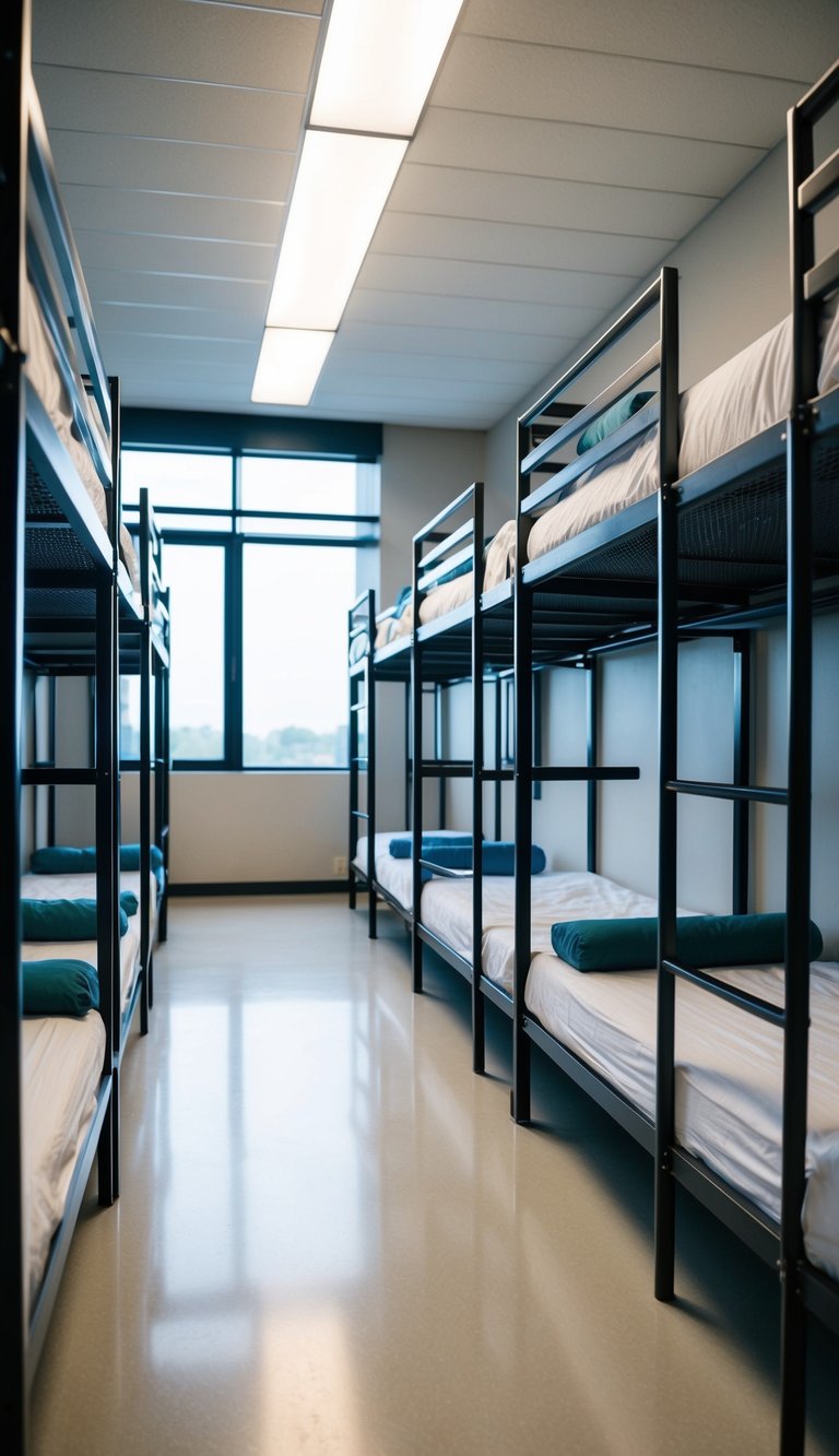 A row of industrial metal bunks in a spacious dormitory-style room, with 22 different design ideas incorporated into the space