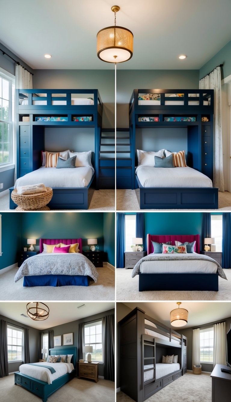 A spacious room filled with queen-sized custom bunk beds, each uniquely designed with 22 different bunk room ideas