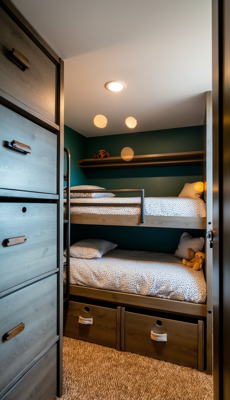 Bunk beds with built-in storage drawers in a cozy, organized bunk room