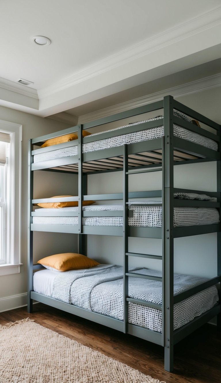 A triple-tier bunk bed in a spacious, well-lit room with various design ideas for a 22-bunk layout