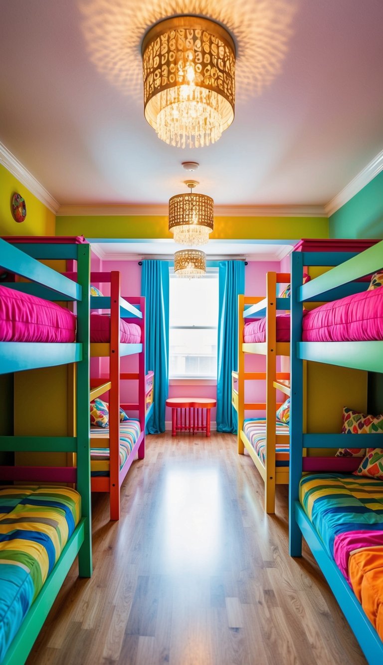 A vibrant bunk room with playful decor and multiple bunk beds arranged in a colorful and inviting manner