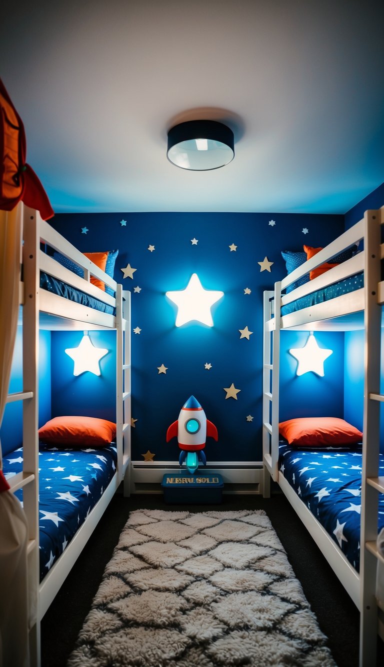 A bunk room filled with space-themed decor, glowing stars, and rocket ship bunk beds