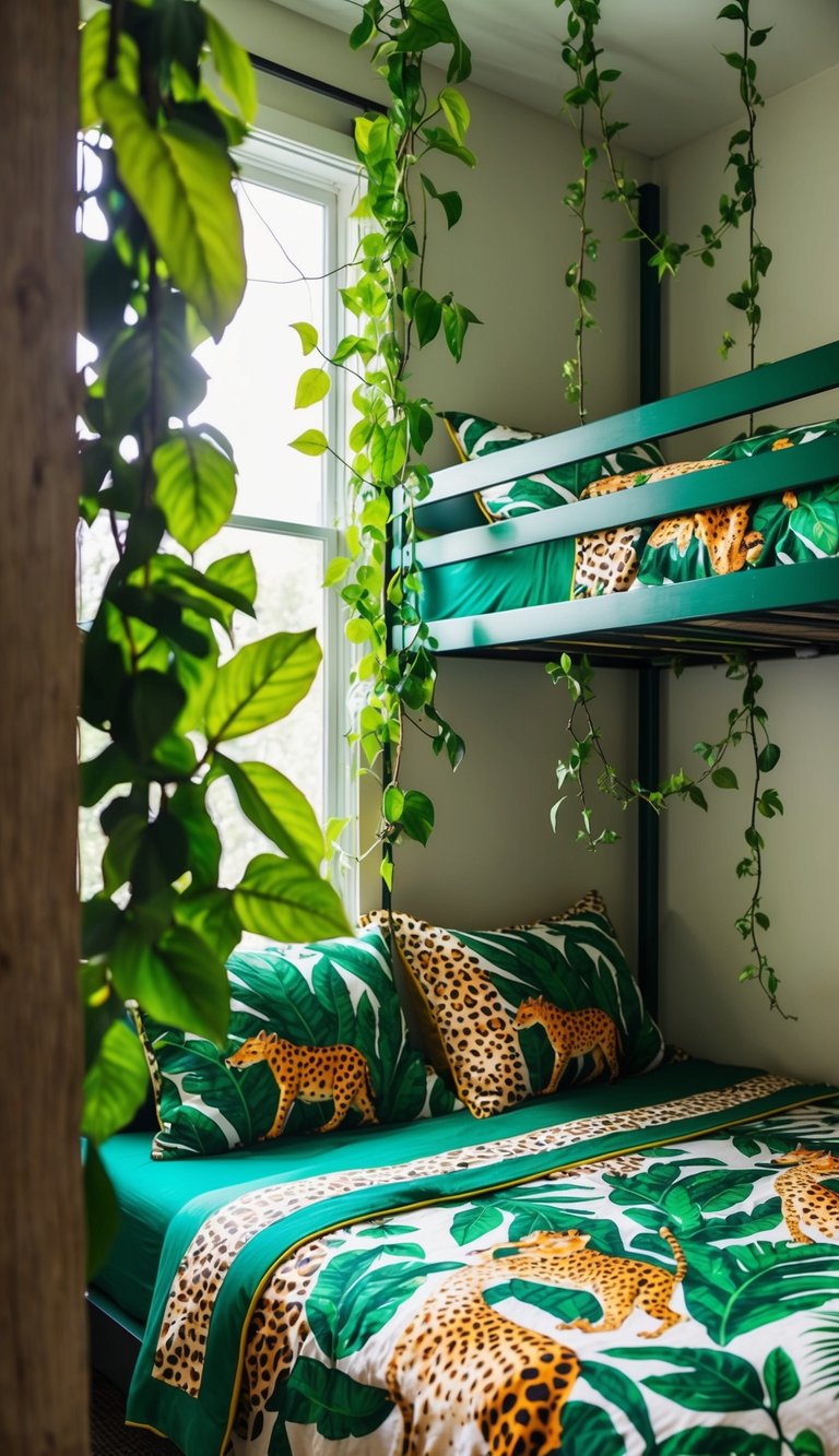 A jungle-themed bunk room with vibrant green foliage, hanging vines, and animal prints on the bedding