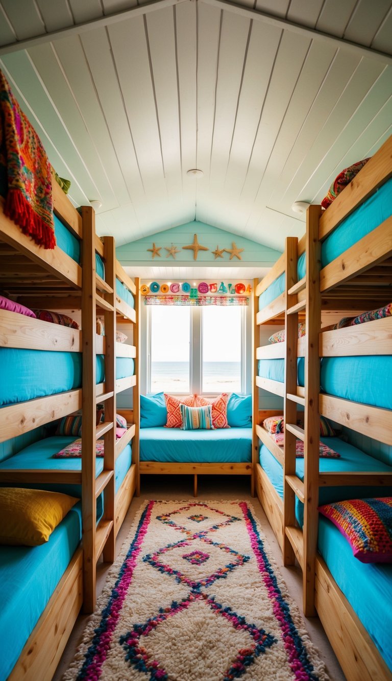 A cozy beach house bunk room with 22 beds, each with its own unique decor and personal touches, creating a vibrant and inviting atmosphere