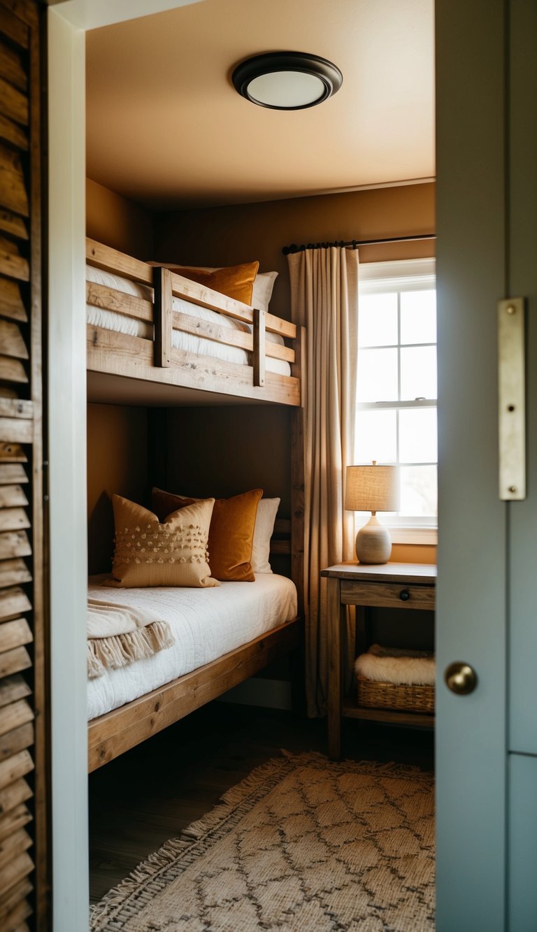 A cozy bunk room with vintage-inspired decor, featuring warm earthy tones, rustic wood furniture, and soft textiles