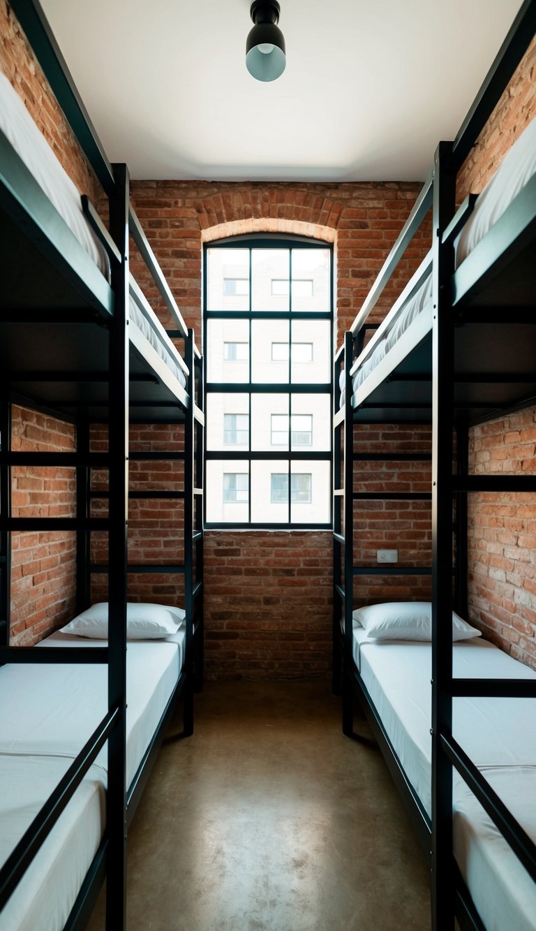 An industrial-style bunk room with exposed brick walls and metal bunk beds arranged in a spacious and modern design