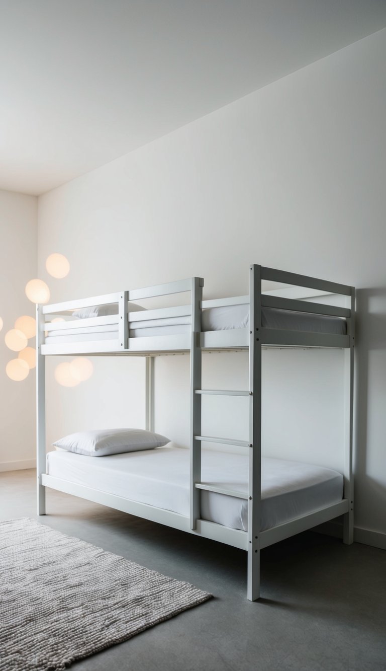 Clean, modern white bunk beds in a spacious, minimalist room with simple, sleek design