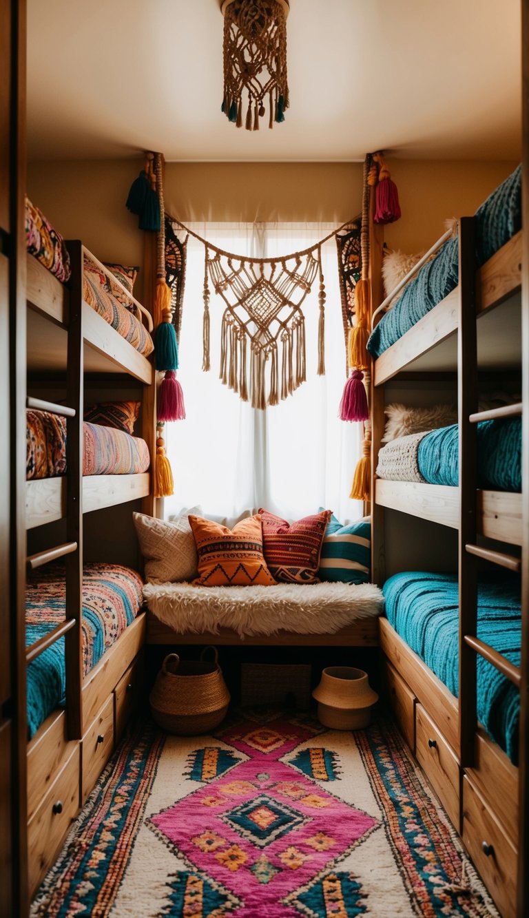 A cozy, eclectic bunk room with vibrant textiles, macrame wall hangings, and mismatched furniture creating a bohemian vibe