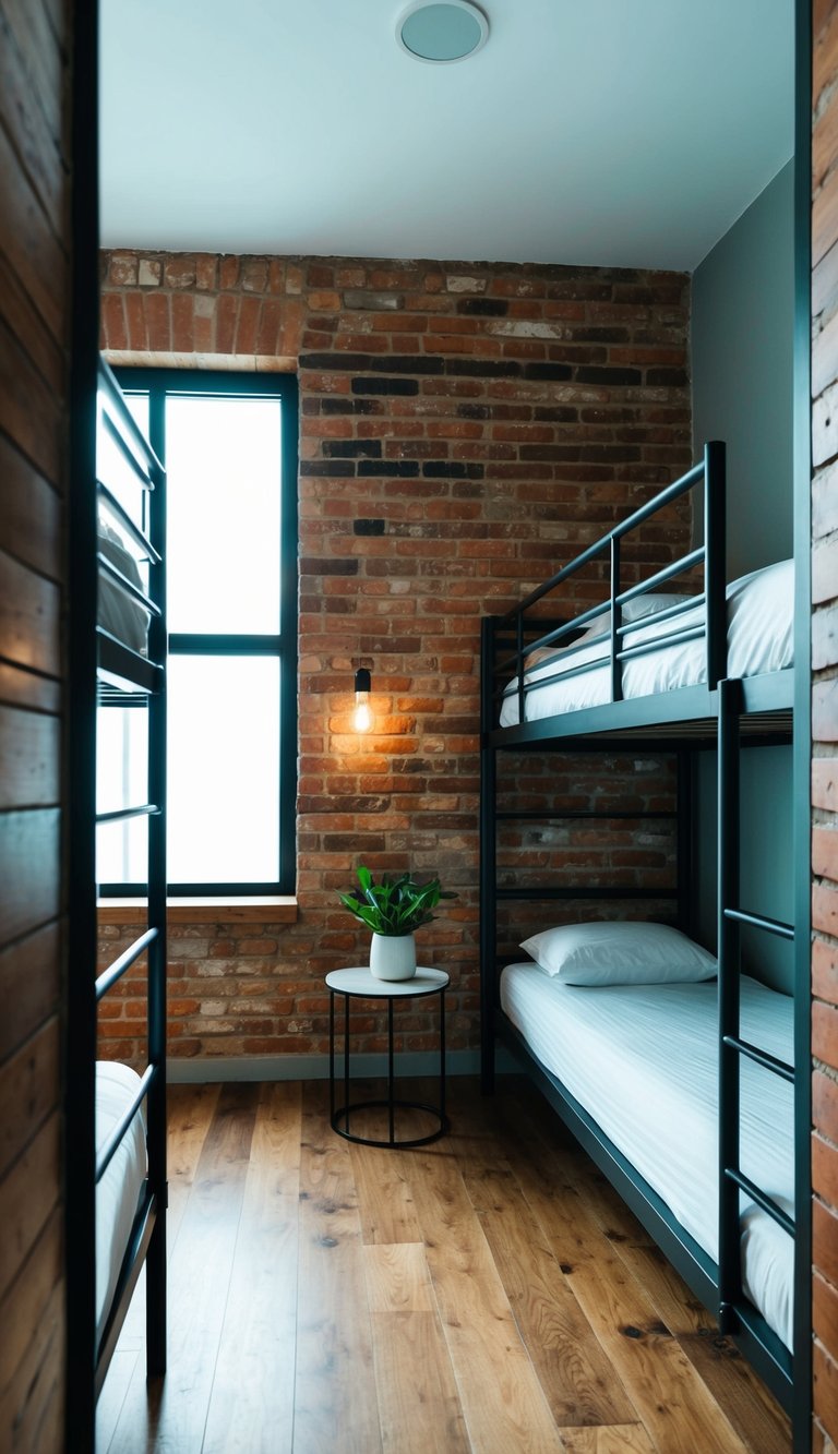 A modern, industrial bunk room with exposed brick walls, metal bed frames, and urban-inspired decor