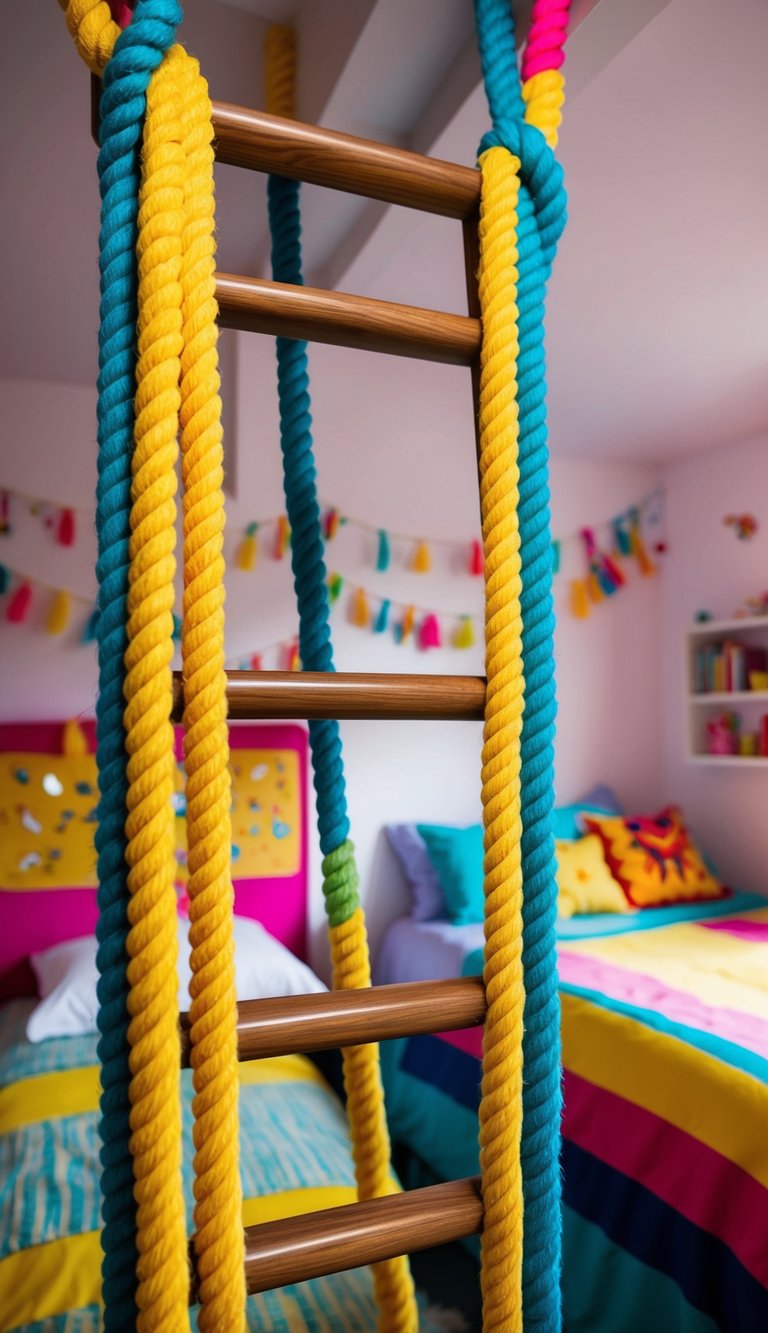 A bunk ladder made of colorful ropes and wooden rungs, leading up to a cozy bunk bed in a whimsical room filled with playful decor