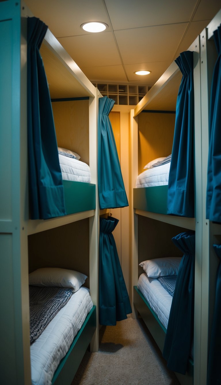 Privacy curtains hang around each bunk in a cozy, dimly lit dormitory. Each bunk is neatly made with a personal touch