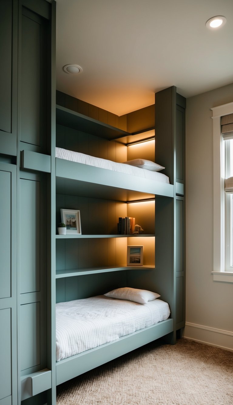 Fold-up wall bunks in a cozy bunk room with built-in shelves and soft lighting