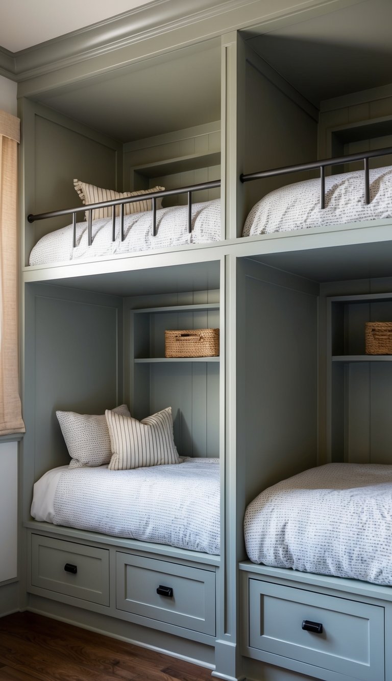 Two built-in bunk alcoves with cozy bedding and storage shelves