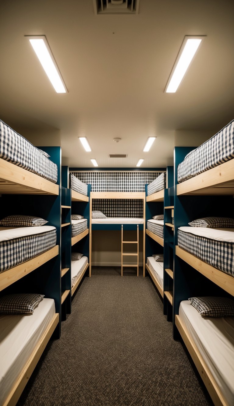 A cozy bunk room with checkered accents and 22 bunk beds arranged in a spacious and tidy layout