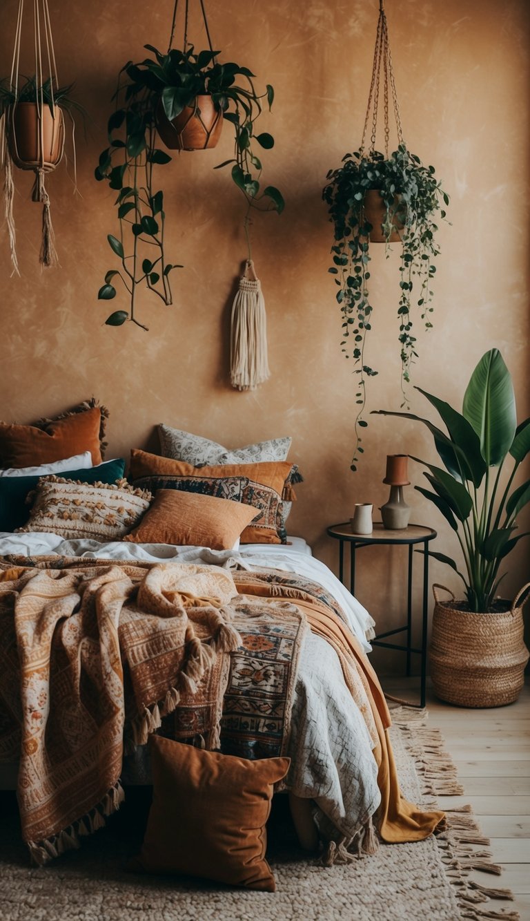 An array of mismatched textiles, hanging plants, and vintage furniture create an eclectic boho bedroom. Warm, earthy tones and layered textures add to the cozy, inviting atmosphere