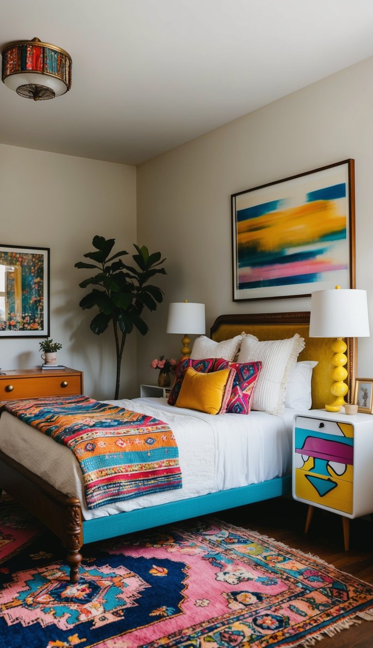 A cozy bedroom with a mix of vintage furniture and modern accents. A colorful rug, mismatched nightstands, and vibrant artwork create an eclectic boho vibe