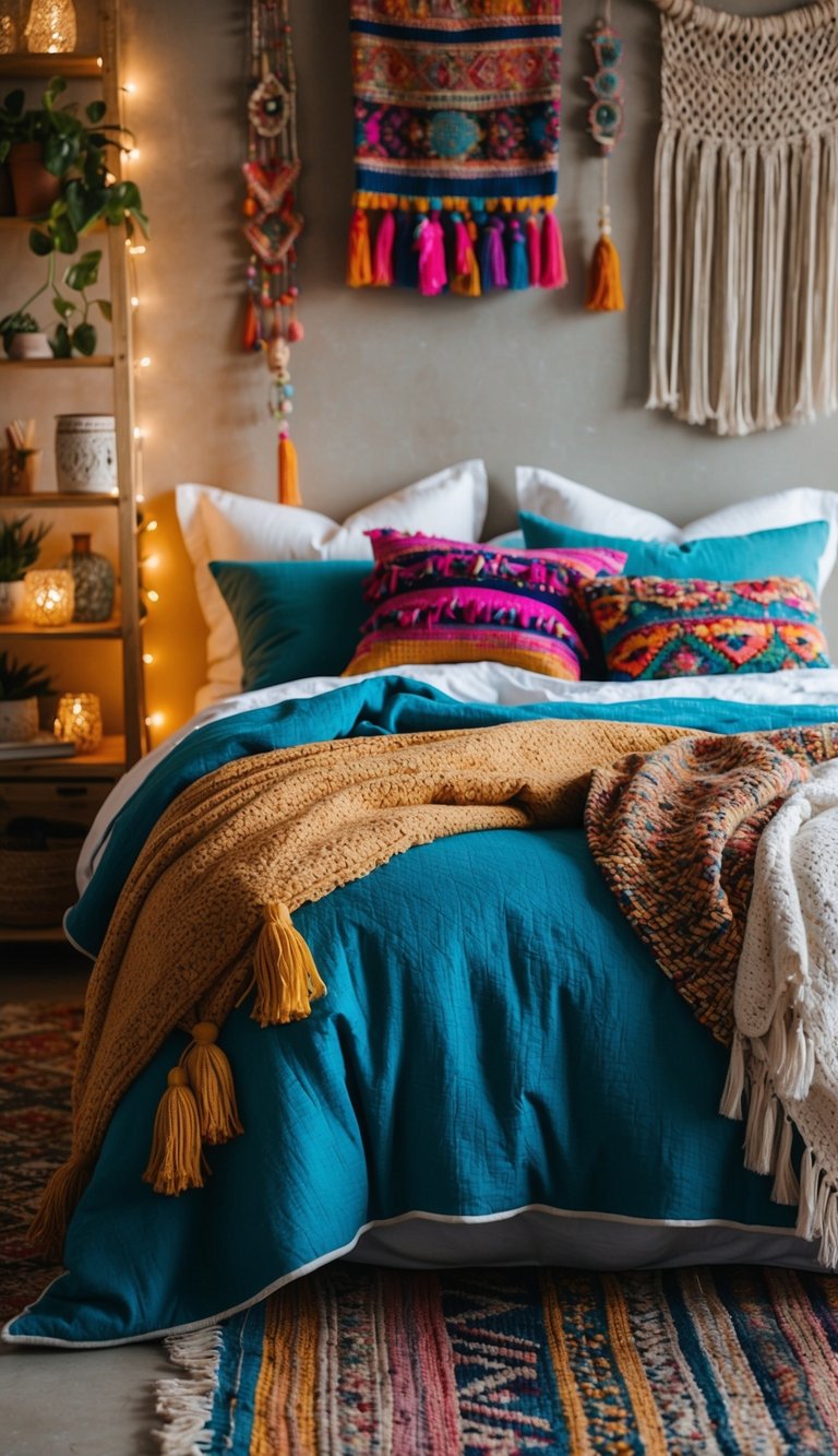 A cozy bed layered with colorful, textured throws surrounded by eclectic boho decor