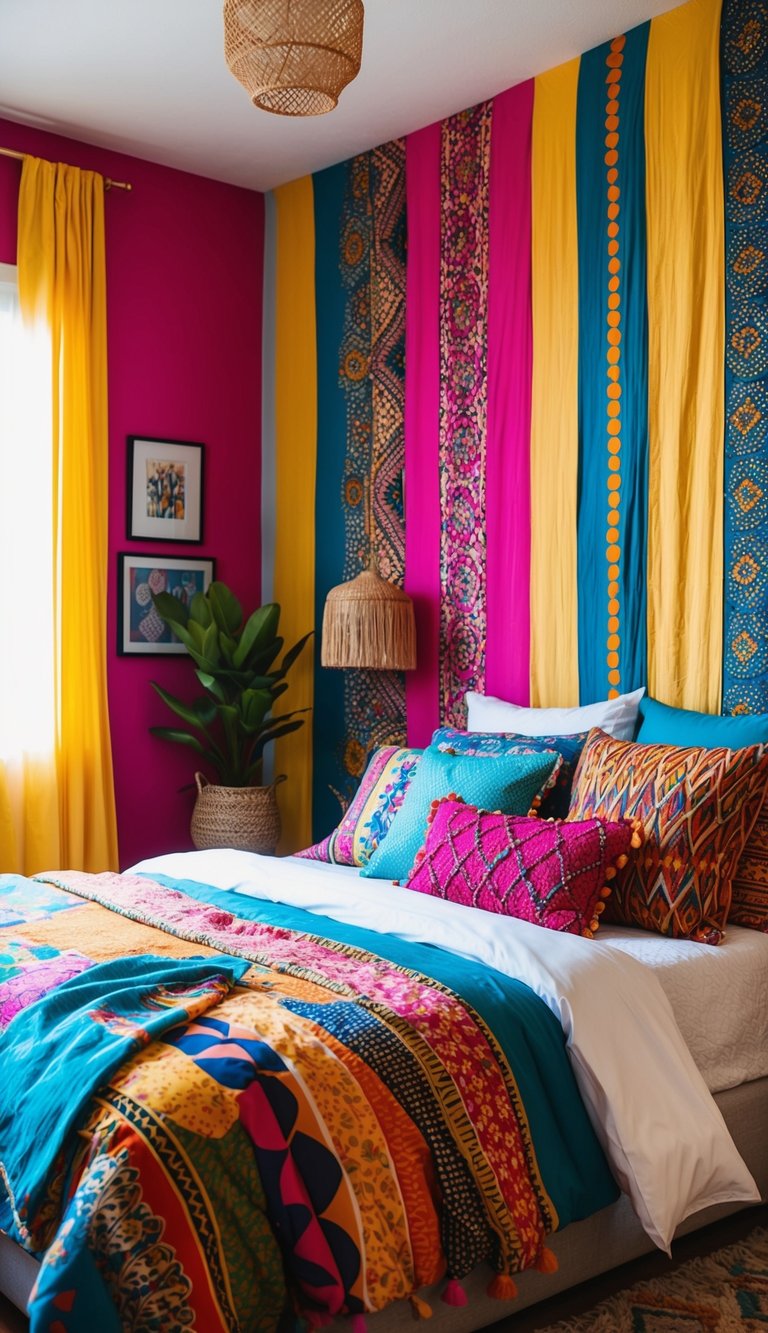 A vibrant, bohemian bedroom with bold, colorful patterns on the walls, bedding, and decor. Bright, eclectic mix of textures and prints create a lively, inviting space