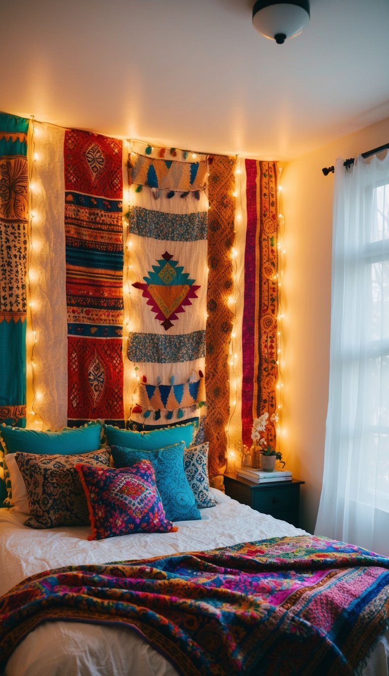 Whimsical fairy lights illuminate a cozy bohemian bedroom with vibrant colors, eclectic patterns, and a mix of textures, creating a whimsical and dreamy atmosphere