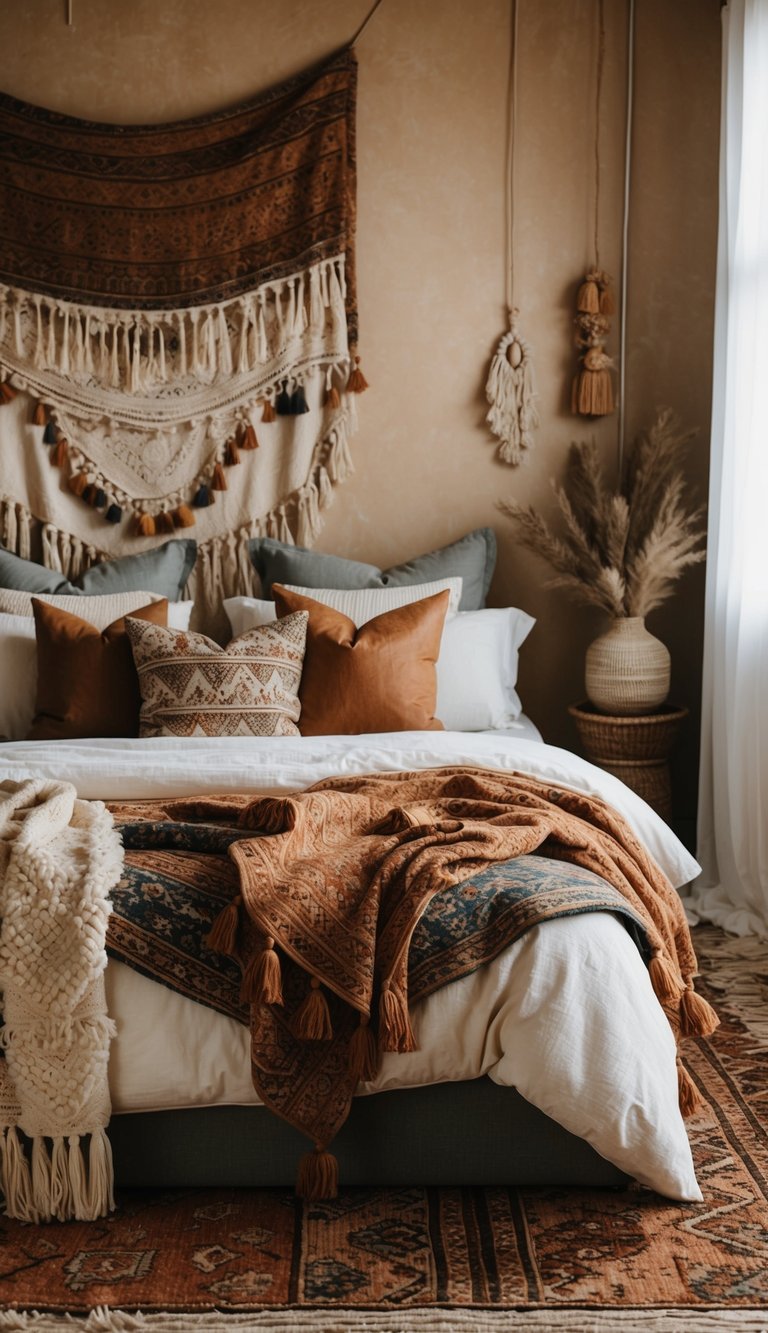 A cozy boho bedroom with layered rustic rugs, mix of patterns, and warm earthy tones. Cozy throws and pillows add to the eclectic vibe