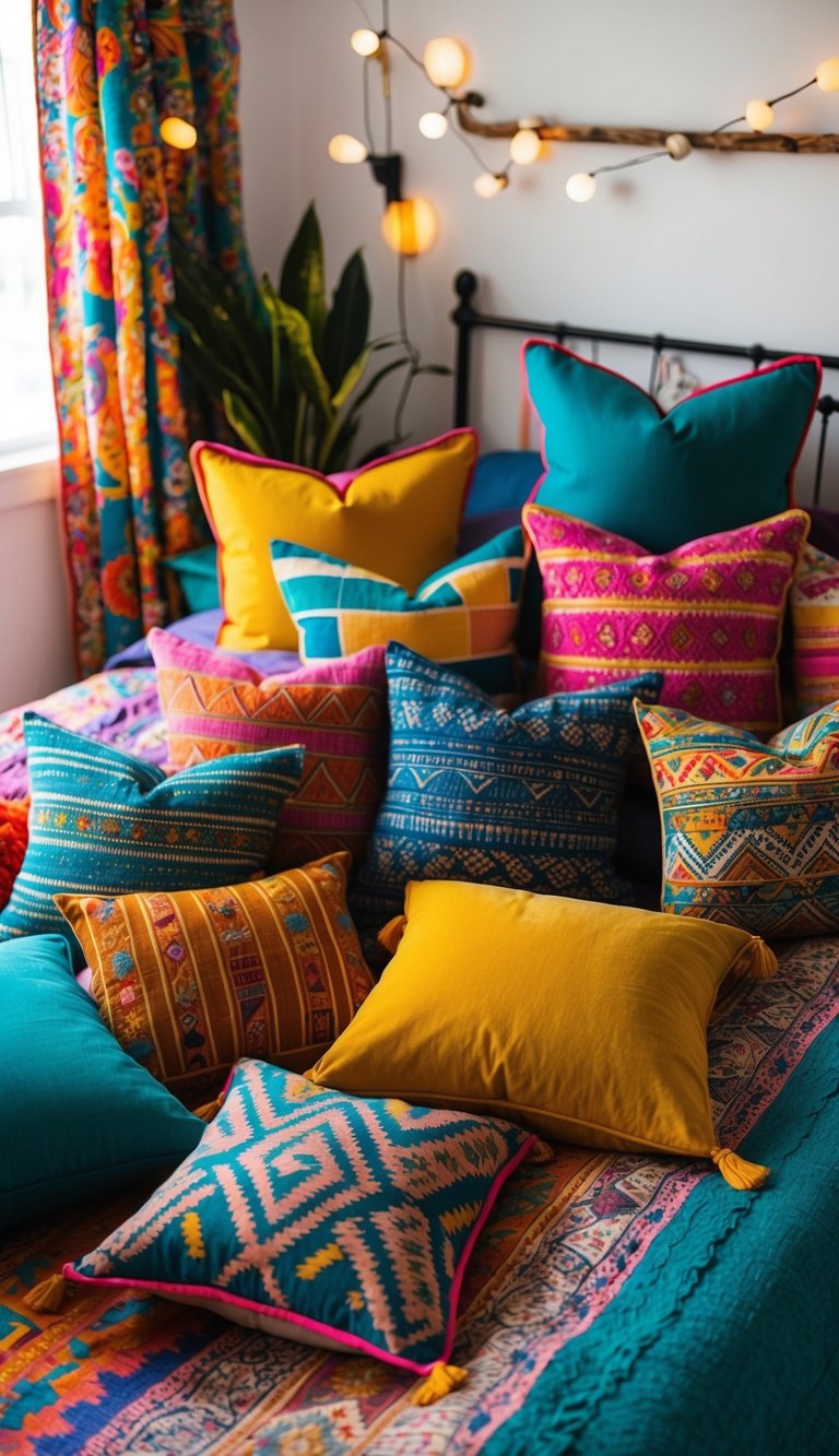 A variety of colorful, patterned throw pillows are scattered across a cozy, bohemian-style bed in a vibrant bedroom setting