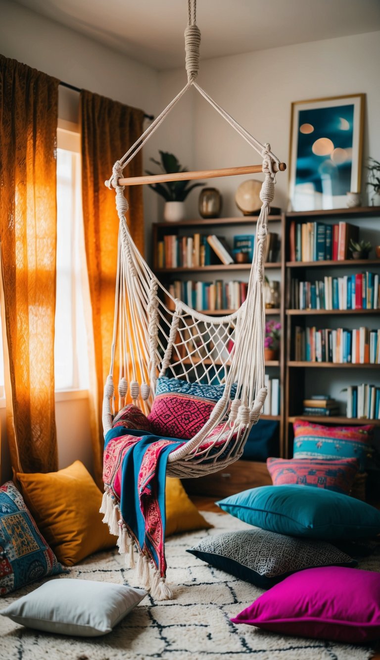 A cozy reading nook in an eclectic boho bedroom: a low-hanging macrame hammock chair, draped with colorful textiles, surrounded by floor cushions and shelves of books