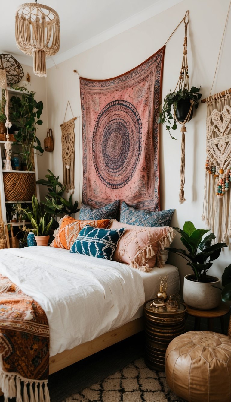 An array of eclectic decor objects fills a boho bedroom: tapestries, macrame, plants, and vintage trinkets create a cozy, colorful atmosphere