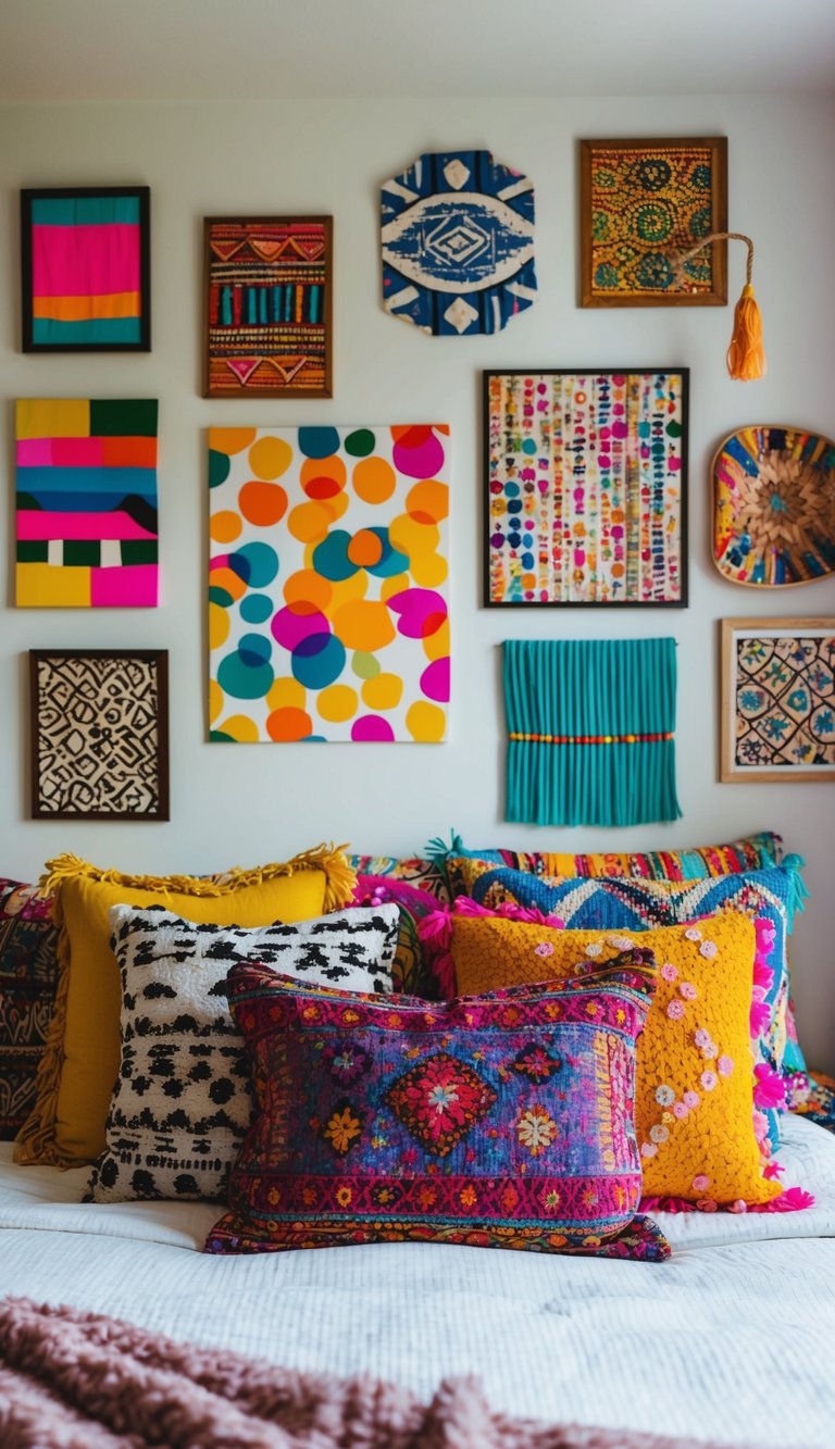 A cozy bedroom with vibrant, mismatched art pieces adorning the walls. A mix of patterns, textures, and colors creates an eclectic boho atmosphere