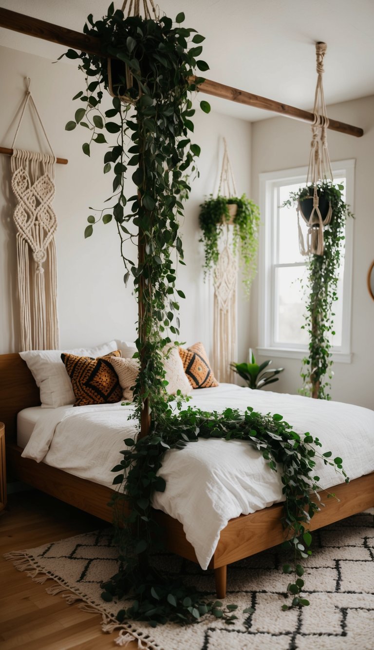 A cozy bedroom with lush greenery cascading from macrame hangers, creating an eclectic boho vibe