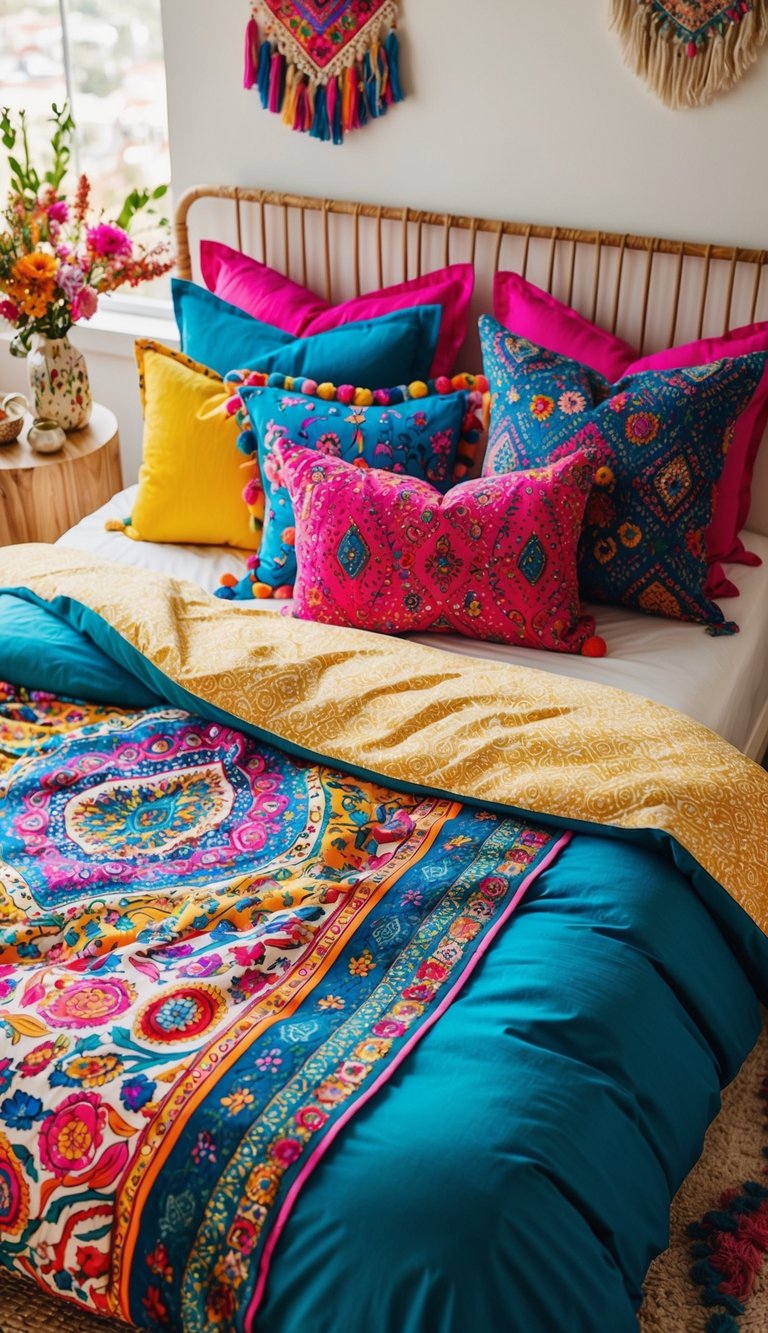 A cozy bed with a vibrant, eclectic boho bedding set in a sunlit bedroom, surrounded by colorful pillows and unique decor