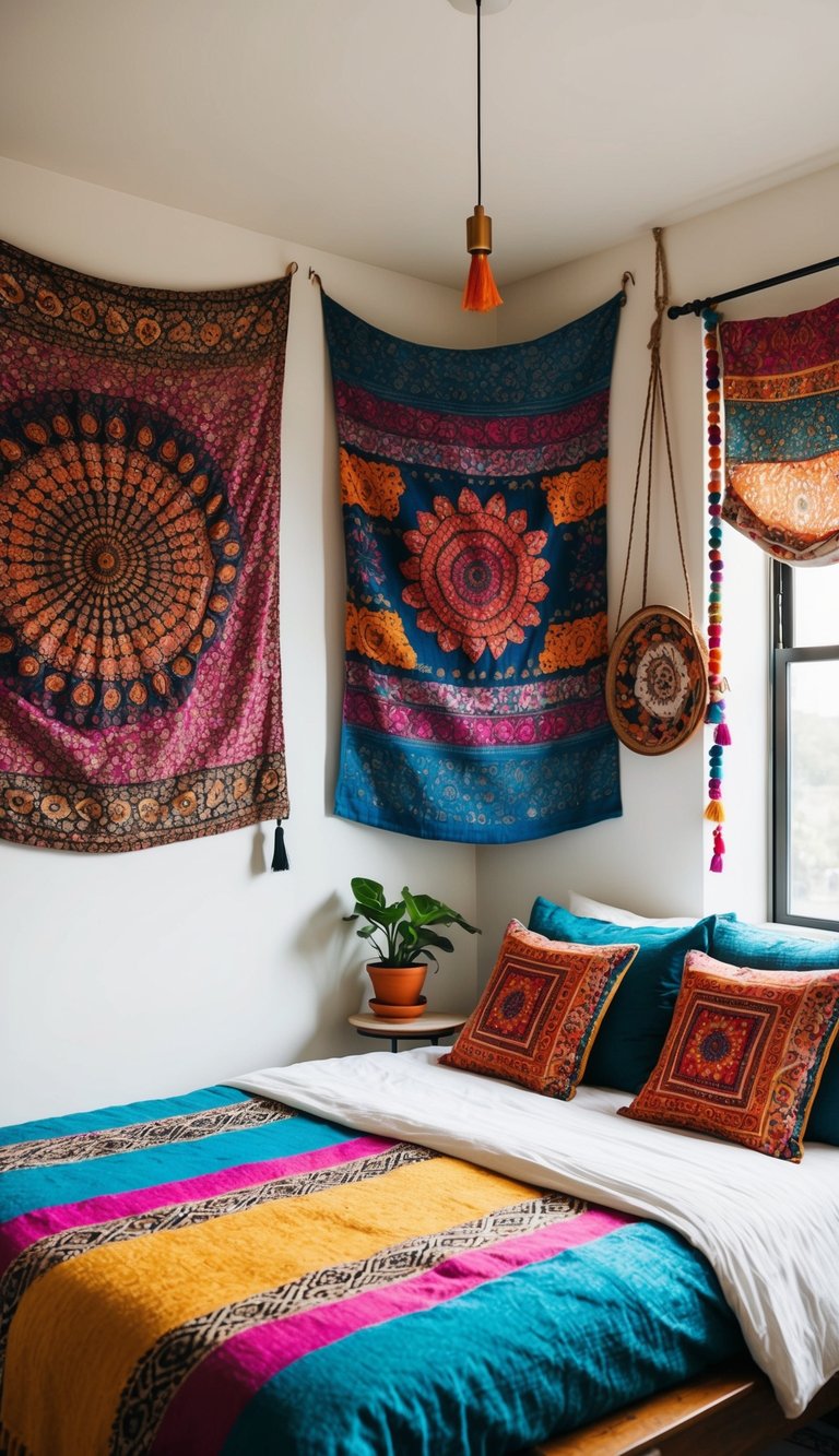 An eclectic bedroom with vibrant boho tapestries hanging sporadically on the walls, adding a pop of color and personality to the space