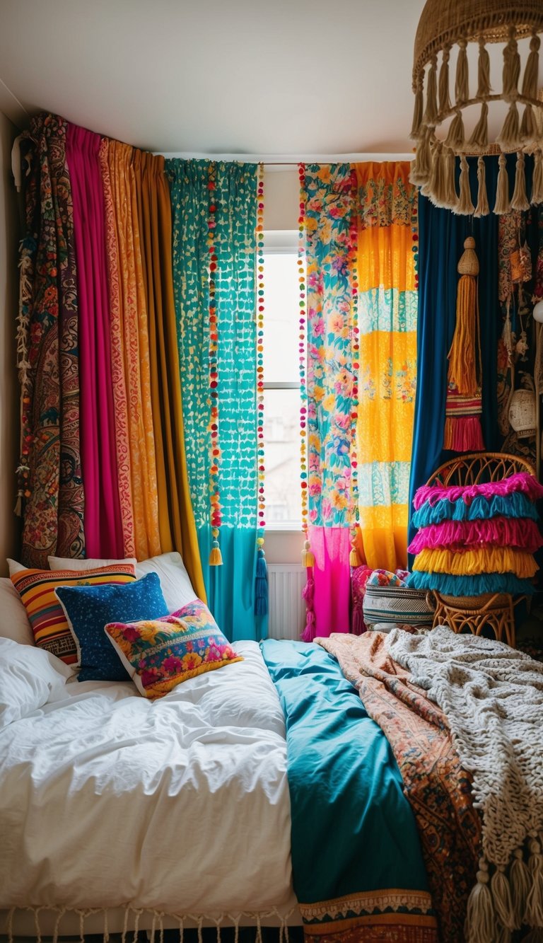 A cozy bedroom with mismatched curtains in vibrant colors and patterns, layered with tassels and fringes. A mix of bohemian and eclectic decor creates an inviting and relaxed atmosphere