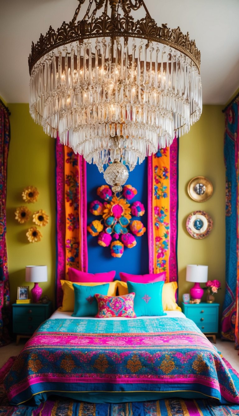 A large, ornate chandelier hangs above a vibrant, bohemian bedroom with colorful textiles and eclectic decor