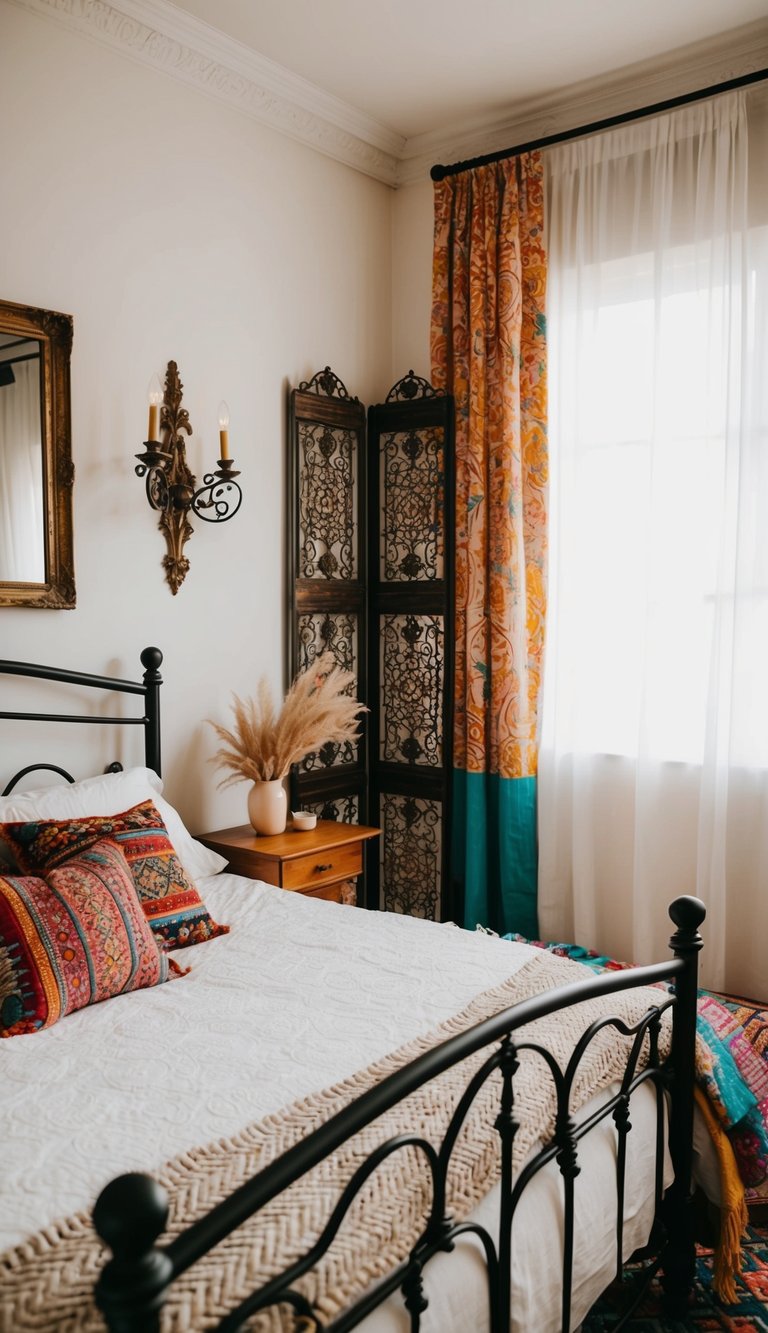 A cozy bedroom with a wrought iron bed frame, ornate wall sconces, and a decorative room divider. Colorful textiles and mismatched furniture add to the eclectic boho vibe