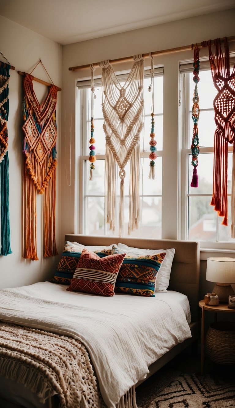 A cozy bedroom with colorful macramé hangings adorning the walls and windows, creating a bohemian and eclectic atmosphere