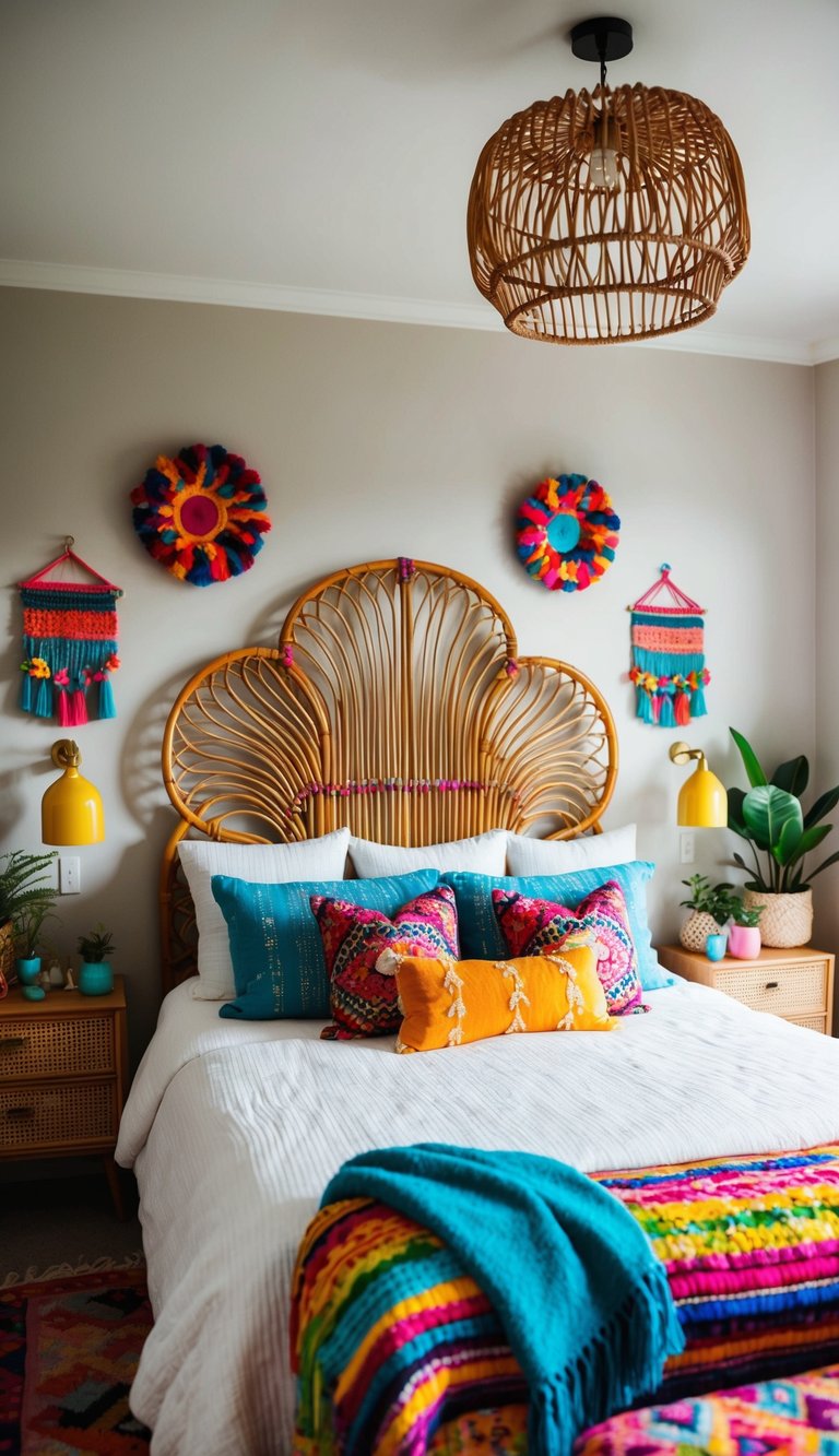 A cozy bedroom with a vibrant rattan headboard surrounded by eclectic boho decor and colorful accents