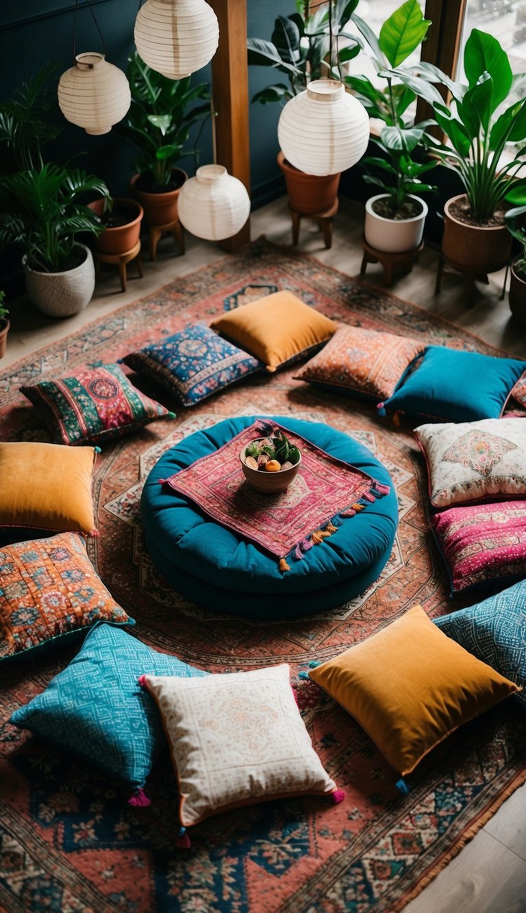 Floor cushions arranged in a circle around a low table, scattered with colorful textiles and surrounded by plants and hanging lanterns